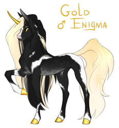 Size: 650x700 | Tagged: safe, artist:dementra369, imported from derpibooru, oc, oc:gold enigma, pony, unicorn, coat markings, colored hooves, curved horn, dappled, gold, gold hooves, hooves, horn, long hair, male, simple background, skinny, white background
