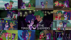 Size: 1986x1117 | Tagged: safe, edit, edited screencap, editor:quoterific, imported from derpibooru, screencap, canter zoom, pinkie pie, sci-twi, sunset shimmer, timber spruce, twilight sparkle, eqg summertime shorts, equestria girls, equestria girls series, legend of everfree, mad twience, star crossed, unsolved selfie mysteries, female, geode of telekinesis, magical geodes, male, shipping, straight, timbertwi