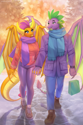 Size: 1000x1500 | Tagged: safe, artist:margony, imported from derpibooru, smolder, spike, anthro, dragon, plantigrade anthro, blue eyes, breasts, busty smolder, clothes, date, dragoness, female, green eyes, holding hands, leggings, looking at each other, male, open mouth, scarf, shipping, smiling, spolder, straight, tail, walking, wings