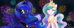 Size: 1656x631 | Tagged: safe, artist:whitequartztheartist, imported from derpibooru, princess celestia, princess luna, alicorn, commission, female, new year, siblings, sisters