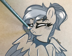 Size: 3383x2637 | Tagged: safe, artist:emberslament, imported from derpibooru, oc, oc only, pegasus, pony, blushing, boop, clothes, colored pencil drawing, colored pencils, eyes closed, female, grumpy, mare, monochrome, pencil boop, photo, ponytail, scarf, scrunchy face, solo, traditional art