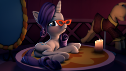 Size: 3840x2160 | Tagged: safe, artist:psfmer, imported from derpibooru, rarity, unicorn, 3d, bedroom eyes, blushing, butt, candle, carousel boutique, dock, glasses, looking at you, looking back, looking back at you, lying down, mannequin, mirror, on side, open mouth, platform, plot, rarity's glasses, rearity, revamped ponies, sfm pony, side, source filmmaker, stage, underhoof