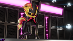 Size: 3840x2160 | Tagged: safe, artist:shadowboltsfm, imported from derpibooru, sunset shimmer, anthro, plantigrade anthro, 3d, 4k, blender, boots, breasts, clothes, cute, electric guitar, eyes closed, grin, guitar, heavy metal, high heel boots, high heels, musical instrument, not sfm, rock (music), rocking, shoes, smiling, spotlight, stage, sunset shredder