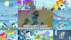 Size: 1987x1117 | Tagged: safe, edit, edited screencap, editor:quoterific, imported from derpibooru, screencap, bow hothoof, candy cloud, fire streak, high winds, lightning streak, misty fly, monsoon season, rainbow dash, scootaloo, silver lining, silver zoom, soarin', spike, spitfire, storm chaser, surprise, swift vanilla, twilight sparkle, updraft, wave chill, wind rider, windy whistles, grannies gone wild, newbie dash, parental glideance, rarity investigates, secret of my excess, sonic rainboom (episode), testing testing 1-2-3, the best night ever, the last problem, the washouts (episode), wonderbolts academy, aviator goggles, bomber jacket, clothes, compilation, goggles, jacket, older, older rainbow dash, uniform, wonderbolts uniform