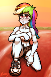 Size: 1000x1500 | Tagged: safe, artist:glomasy, imported from derpibooru, rainbow dash, equestria girls, blushing, clothes, female, looking at you, muscles, shoes, shorts, sneakers, sweat, tanktop, workout outfit