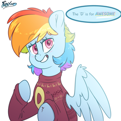 Size: 2000x2000 | Tagged: safe, artist:fluffyxai, imported from derpibooru, rainbow dash, pegasus, alternate hairstyle, christmas sweater, clothes, smiling, smirk, speech bubble, spread wings, sweater, text, wings