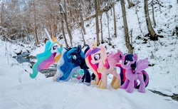 Size: 2048x1250 | Tagged: artist needed, safe, imported from derpibooru, photographer:pakapaka1993, princess cadance, princess celestia, princess luna, twilight sparkle, alicorn, alicorn tetrarchy, irl, photo, plushie, royal sisters, siblings, sisters, snow, twilight sparkle (alicorn)