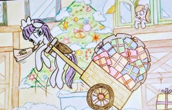 Size: 2048x1311 | Tagged: safe, imported from derpibooru, photographer:pakapaka1993, tote bag (character), tote bag (g4), oc, earth pony, pony, background pony, cart, christmas, christmas tree, clothes, female, gameloft, holiday, housekeeper pony, maid, maid headdress, mare, mouth hold, photo, present, traditional art, tree, wagon