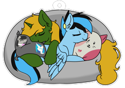 Size: 3942x2772 | Tagged: safe, artist:sevenserenity, imported from derpibooru, dj pon-3, octavia melody, vinyl scratch, oc, oc only, oc:dravakiirm, oc:icylightning, pegasus, pony, unicorn, acrylic charm, bean bag, colored, cuddling, cute, duo, flat colors, flat shading, pillow, plushie, simple background, transparent background