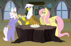 Size: 6000x3936 | Tagged: safe, artist:calibykitty, artist:midnightamber, imported from derpibooru, fluttershy, gilda, oc, oc:gerbera, classical hippogriff, hippogriff, pegasus, pony, absurd resolution, baking, colored pupils, colored wings, cooking, feather, female, folded wings, gift art, griffon scone, griffonstone, hippogriff oc, icing bag, long mane, long tail, mare, plate, scone, tray, wings