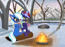 Size: 6000x4391 | Tagged: safe, artist:windy-pony, artist:windykirin, imported from derpibooru, oc, oc only, oc:anny tr3e, oc:exobass, pegasus, pony, unicorn, absurd resolution, campfire, chocolate, clothes, cute, female, fire, food, hot chocolate, log, male, mare, mountain, scarf, sitting, snow, snowfall, stallion, tree