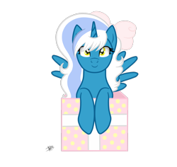 Size: 1600x1510 | Tagged: safe, artist:princessmoonsilver, imported from derpibooru, oc, oc:fleurbelle, alicorn, pony, alicorn oc, bow, box, female, gift art, hair bow, horn, looking at you, mare, pony in a box, present, ribbon, simple background, transparent background, wings, yellow eyes