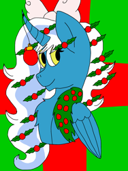 Size: 900x1200 | Tagged: safe, artist:springeta, imported from derpibooru, oc, oc:fleurbelle, alicorn, alicorn oc, bauble, baubles, bow, christmas, female, hair bow, holiday, holly, horn, mare, wings, yellow eyes