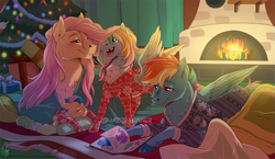 Size: 1367x793 | Tagged: safe, artist:hazurasinner, imported from derpibooru, fluttershy, rainbow dash, oc, oc:harmony (hazurasinner), oc:windy belle, pegasus, pony, blanket, christmas, christmas tree, clothes, cloven hooves, cottagecore, family, female, filly, fire, fireplace, flutterdash, footed sleeper, footie pajamas, hearth's warming, holiday, lesbian, magical lesbian spawn, mare, offspring, onesie, pajamas, parent:fluttershy, parent:rainbow dash, parents:flutterdash, present, shipping, sleeping, tooth gap, tree