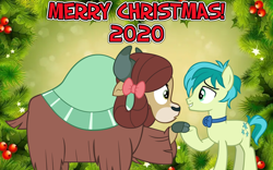 Size: 2064x1289 | Tagged: safe, anonymous artist, artist:andoanimalia, imported from derpibooru, sandbar, yona, earth pony, pony, yak, bow, bowtie, chestnuts roasting on an open fire, christmas, cloven hooves, female, friendship, hair bow, happy hearth's warming, hearth's warming, holiday, implied yonabar, looking at each other, lyrics in the description, male, merry christmas, monkey swings, song in the description, the christmas song, youtube link in the description