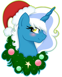 Size: 1280x1579 | Tagged: safe, artist:princessdawnheart, imported from derpibooru, oc, oc:fleurbelle, adorabelle, bauble, baubles, blushing, christmas, cute, hat, holiday, santa hat, simple background, stars, transparent background, wreath, yellow eyes