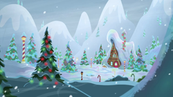 Size: 1280x720 | Tagged: safe, imported from derpibooru, screencap, best gift ever, background, cabin, christmas, christmas tree, holiday, no pony, scenic ponyville, snow, snowfall, tree