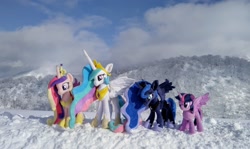 Size: 2048x1217 | Tagged: artist needed, safe, imported from derpibooru, photographer:pakapaka1993, princess cadance, princess celestia, princess luna, twilight sparkle, alicorn, alicorn tetrarchy, irl, photo, plushie, snow, twilight sparkle (alicorn)