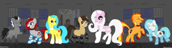 Size: 5000x1400 | Tagged: safe, artist:bloodysticktape, imported from derpibooru, oc, oc only, oc:hyo, earth pony, pony, unicorn, ;p, clothes, commission, dance party, group photo, one eye closed, smiling, socks, striped socks, tongue out