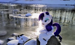 Size: 2048x1232 | Tagged: artist needed, safe, imported from derpibooru, photographer:pakapaka1993, rarity, pony, irl, photo, plushie, snow, solo, water
