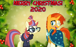 Size: 2064x1289 | Tagged: safe, anonymous artist, imported from derpibooru, moondancer, sunburst, unicorn, blushing, christmas, female, happy hearth's warming, hearth's warming, holiday, let it snow, looking at each other, lyrics in the description, male, merry christmas, shipping, straight, sundancer, youtube link in the description