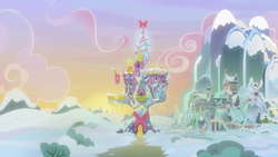 Size: 1280x720 | Tagged: safe, imported from derpibooru, screencap, best gift ever, background, hearth's warming, no pony, ponyville, scenic ponyville, school of friendship, snow, sunset, twilight's castle, winter