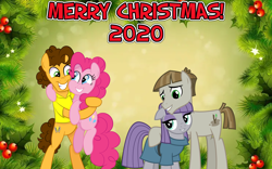 Size: 2064x1289 | Tagged: safe, anonymous artist, imported from derpibooru, cheese sandwich, maud pie, mudbriar, pinkie pie, earth pony, brothers-in-law, cheesepie, christmas, female, happy hearth's warming, hearth's warming, holiday, hug, husband and wife, lyrics in the description, male, maudbriar, merry christmas, pinkie's present, shipping, siblings, sisters, smiling, straight, when he smiles, when she smiles, youtube link in the description