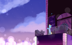 Size: 3840x2400 | Tagged: safe, artist:skydreams, imported from derpibooru, oc, oc only, oc:skydreams, pony, unicorn, balcony, blue rose, city, cityscape, female, flower, it's over isn't it, mare, rose, singing, stars, steven universe