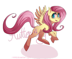 Size: 970x800 | Tagged: safe, artist:magerine, imported from derpibooru, fluttershy, pegasus, pony, cute, female, looking at you, mare, midair, name, open mouth, shyabetes, simple background, smiling, solo, spread wings, three quarter view, transparent background, wings
