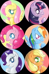 Size: 1024x1536 | Tagged: safe, artist:inumocchi, imported from derpibooru, applejack, fluttershy, pinkie pie, rainbow dash, rarity, twilight sparkle, earth pony, pegasus, pony, unicorn, bust, female, mane six, mare, open mouth, pins, portrait, profile, smiling, unicorn twilight