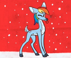 Size: 2800x2292 | Tagged: safe, artist:jimmyjamno1, imported from derpibooru, rainbow dash, deer, reindeer, :p, ;p, cute, dashabetes, high res, needs more saturation, one eye closed, red background, reindeer dash, reindeerified, simple background, snow, snowfall, solo, species swap, tongue out, wink, winter