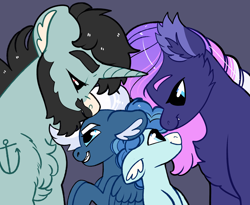 Size: 2800x2300 | Tagged: safe, artist:loryska, imported from derpibooru, night glider, party favor, oc, oc:scraps, oc:violet sunshine, bat pony, pony, unicorn, beard, brother and sister, facial hair, family, father, female, headcanon, male, mare, mother, parent, siblings, stallion, tattoo