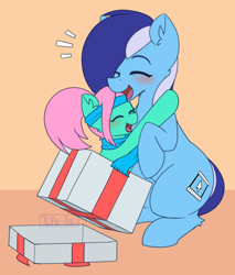 Size: 1460x1712 | Tagged: safe, artist:puetsua, imported from derpibooru, oc, oc:brushie brusha, oc:💚, earth pony, pony, background, blue mane, blushing, christmas, clothes, cute, duo, female, happy, holiday, hug, mare, present, scarf