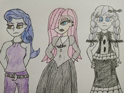 Size: 1024x768 | Tagged: safe, artist:darthrivan, imported from derpibooru, fluttershy, inky rose, moonlight raven, equestria girls, braided pigtails, ear piercing, equestria girls-ified, female, fluttergoth, goth, goth girls, goth trio, piercing, studded belt, traditional art, trio, trio female, victorian dress