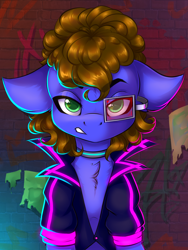 Size: 1200x1600 | Tagged: safe, artist:falafeljake, imported from derpibooru, oc, oc only, oc:silly scribe, cyborg, earth pony, pony, brick, brick wall, chest fluff, choker, clothes, commission, cyberpunk, cyberpunk 2077, goggles, graffiti, gritted teeth, jacket, leather jacket, male, scouter, solo, stallion, wall, ych result