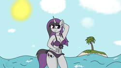 Size: 1920x1080 | Tagged: safe, artist:inky scroll, imported from derpibooru, oc, oc only, oc:inky scroll, anthro, unicorn, bikini, clothes, female, island, rule 63, solo, sun, swimsuit, water