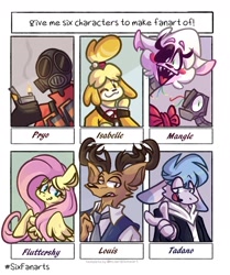 Size: 1280x1529 | Tagged: safe, artist:pegasusvixen, imported from derpibooru, fluttershy, anthro, deer, dog, human, pegasus, pony, six fanarts, aggretsuko, animatronic, anthro with ponies, antlers, beastars, bust, clothes, crossover, female, five nights at freddy's, gas mask, isabelle, lighter, louis (beastars), male, mangle, mare, mask, necktie, one eye closed, pyro, smiling, team fortress 2, wink