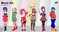 Size: 4168x2272 | Tagged: safe, artist:oldskullkid, imported from derpibooru, applejack, fluttershy, pinkie pie, rainbow dash, rarity, twilight sparkle, human, equestria girls, alternate hairstyle, boots, champagne, champagne glass, christmas, christmas outfit, clothes, cute, female, gift wrapped, glasses, holiday, holly, holly mistaken for mistletoe, humanized, leggings, looking at you, mistleholly, mug, scarf, shoes, shyabetes, socks, solo, solo female, striped socks, sweater, sweatershy, turtleneck, winter outfit