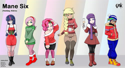 Size: 4168x2272 | Tagged: safe, alternate version, artist:oldskullkid, imported from derpibooru, applejack, fluttershy, pinkie pie, rainbow dash, rarity, twilight sparkle, human, equestria girls, alternate hairstyle, boots, champagne, champagne glass, christmas, clothes, cute, female, holiday, holly, holly mistaken for mistletoe, human coloration, humanized, leggings, looking at you, mistleholly, mug, present, scarf, shoes, shyabetes, socks, solo, solo female, striped socks, sweater, sweatershy, winter outfit