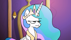 Size: 1366x768 | Tagged: safe, artist:piemations, imported from ponybooru, princess celestia, alicorn, pony, female, looking at someone, mare, photo, princess celestia is not amused, solo, throne, throne room