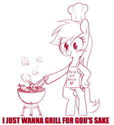 Size: 1249x1367 | Tagged: safe, artist:whydomenhavenipples, oc, oc:aryanne, earth pony, pony, bipedal, carrot, chef's hat, food, grill, hat, kiss the cook, nazi, sketch, smiling, tongs