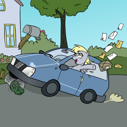 Size: 1000x1000 | Tagged: artist needed, source needed, safe, derpy hooves, pegasus, pony, driving, feather, house, mail, mailbox, package, trash can, tree, van, vehicle, wheelie