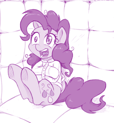 Size: 1200x1300 | Tagged: safe, artist:dstears, pinkie pie, earth pony, pony, secrets and pies, bad end, bondage, cropped, female, insane asylum, insanity, mare, messy mane, monochrome, open mouth, padded cell, simple background, sitting, solo, straitjacket, white background