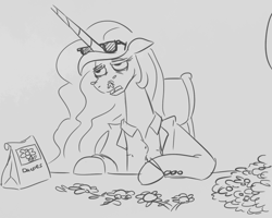 Size: 676x540 | Tagged: safe, artist:jargon scott, imported from derpibooru, daisy, flower wishes, princess celestia, alicorn, pony, clothes, daisy (flower), desk, floppy ears, flower, flower petals, gray background, grayscale, implied drug use, monochrome, open mouth, paper bag, simple background, snorting, solo, suit, sunglasses, table, tired eyes