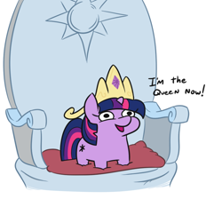 Size: 686x616 | Tagged: source needed, safe, artist:tjpones, twilight sparkle, pony, unicorn, crown, dialogue, female, jewelry, mare, open mouth, queen, regalia, smiling, throne, twiggie, twiggles