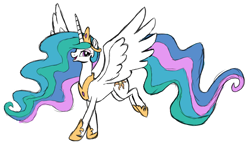 Size: 3186x1810 | Tagged: artist needed, source needed, safe, princess celestia, alicorn, pony, crown, eyeshadow, female, hoof shoes, horn, jewelry, makeup, mare, open mouth, peytral, regalia, running, simple background, smiling, solo, spread wings, white background, wings