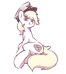 Size: 800x900 | Tagged: safe, artist:rockset, oc, oc:aryanne, earth pony, pony, art pack:marenheit 451, butt, cute, female, hat, looking at you, mare, nazi, plot, simple background, sitting, smiling, solo, underhoof, white background