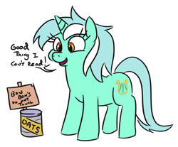 Size: 846x702 | Tagged: source needed, safe, artist:jargon scott, lyra heartstrings, pony, unicorn, can, dialogue, female, food, horn, implied bon bon, mare, oats, open mouth, simple background, smiling, solo, white background