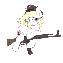 Size: 4000x4000 | Tagged: safe, artist:shinodage, oc, oc:aryanne, earth pony, pony, art pack:marenheit 451, blushing, female, gun, heart, mare, nazi, simple background, smiling, solo, stg 44, transparent background, weapon