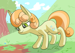 Size: 1240x874 | Tagged: dead source, safe, artist:handsockz, junebug, earth pony, pony, big ears, female, flower, hill, mare, sad, solo, tree